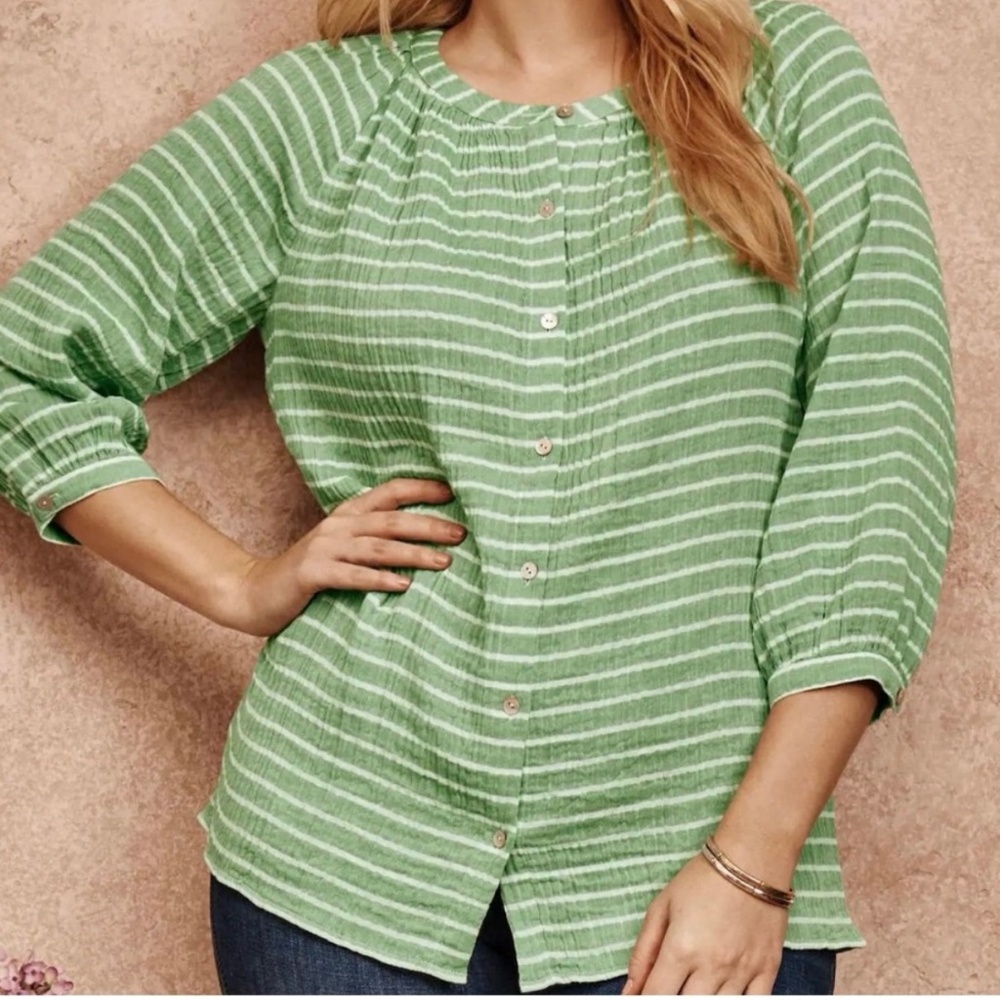 J. Jill Green 3/4 Sleeve 100% Cotton Green & White‎ Striped Button Blouse Size L